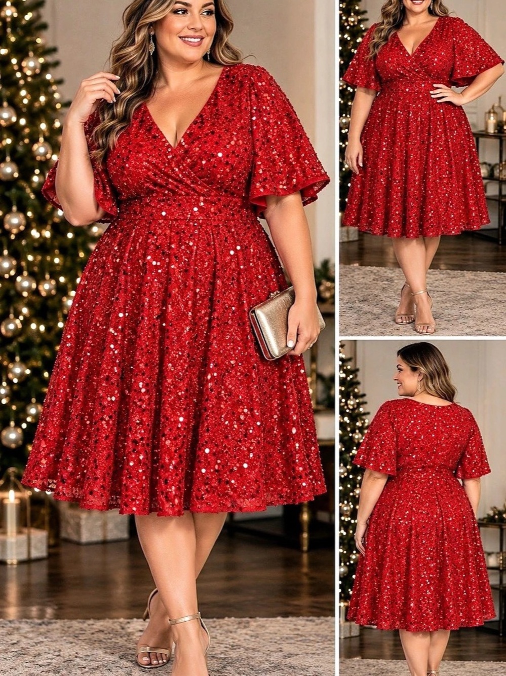 Red Sequin Sparkle Fit & Flare Party Dress Plus Size 4X Holiday Cocktail